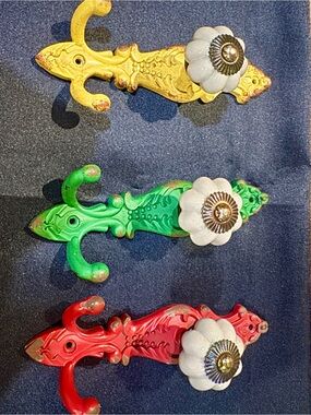 Decorative Floral Ceramic Knob Hooks - Set of 3 (Yellow, Green, Red)